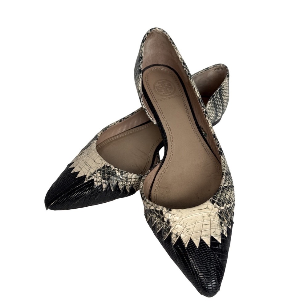 Tory Burch Black and Cream Snakeskin Pointed Flats with Contrast Toe